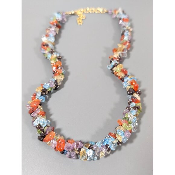 Artisan Multi Color Gemstone Cluster Necklace Amethsyt Agate Garnet Aqua 20" - Picture 1 of 11